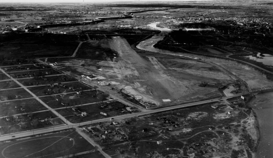 Broad aerial image of historical Boise Airport site and neighboring lands.