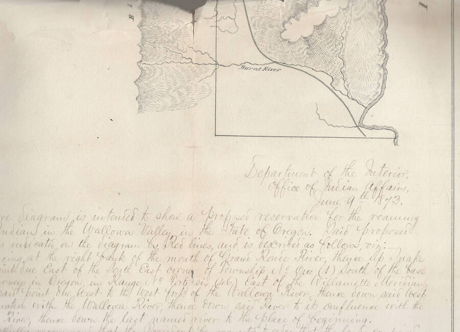 Text with map of the proposed Nez Perce Indian Reservation in 1873 in the Wallowa Valley, Oregon.