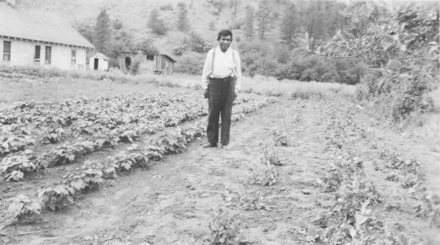 Photo caption: 'Peter Nicodemus, Kooskia, also shows his garden.' This image is part of a report regarding farm organizations among tribes in Northern Idaho and the CCC-Indian Division.