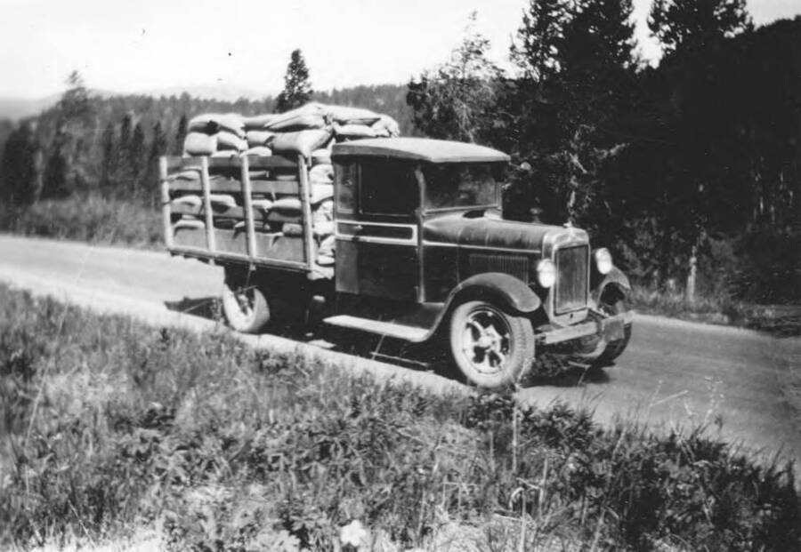 Photo text: 'Station truck in the field with six thousand pounds of bait - fifty pound bags.' This image is part of a report by the United States Department of Agriculture Biological Survey on predation and pests.