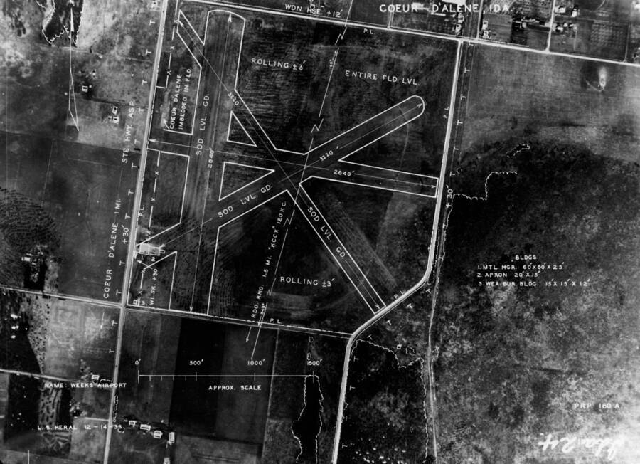 Aerial image and survey of Weeks Field, the first airfield in Coeur d'Alene and, by some sources, the first municipally owned airport in the United States. Closed in the 1940's or 50's it was located on the site of the current Kootenai County Fairgrounds.