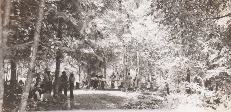 Photo caption: 'This grove of trees where the annual picnic is held. Celebrating because of a good garden.' This image is part of a report regarding farm organizations among tribes in Northern Idaho and the CCC-Indian Division.