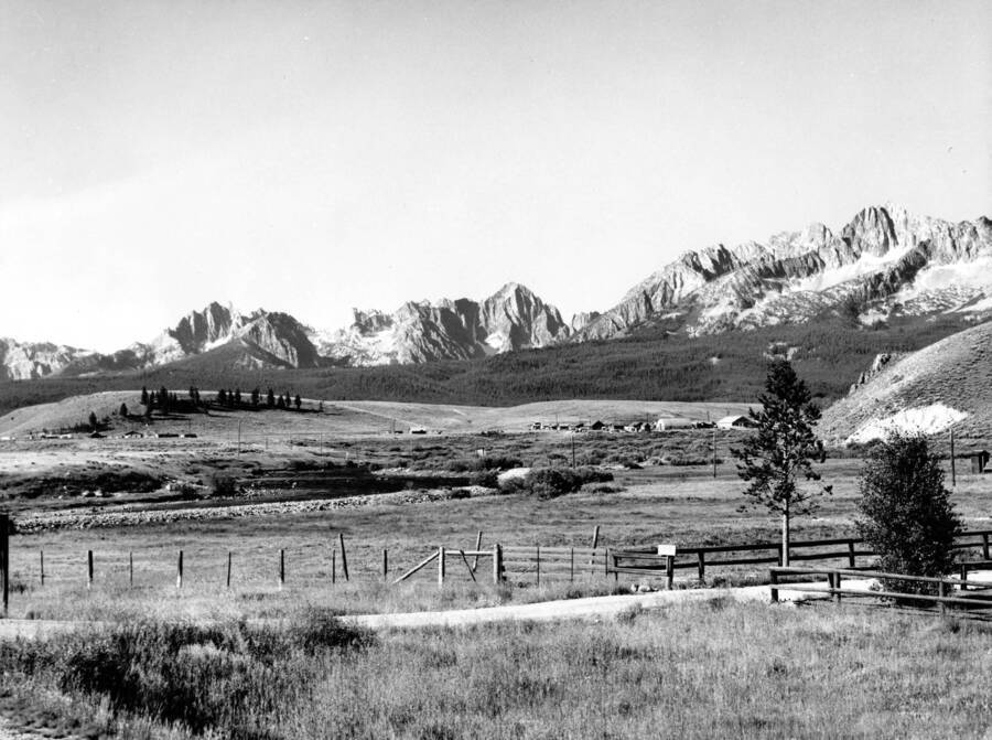 Photo text: 'Valley Creek is in left corner of photo, with the community of Stanley, Idaho in the middle distance and the spectacular Sawtooth Mountains in the background.'