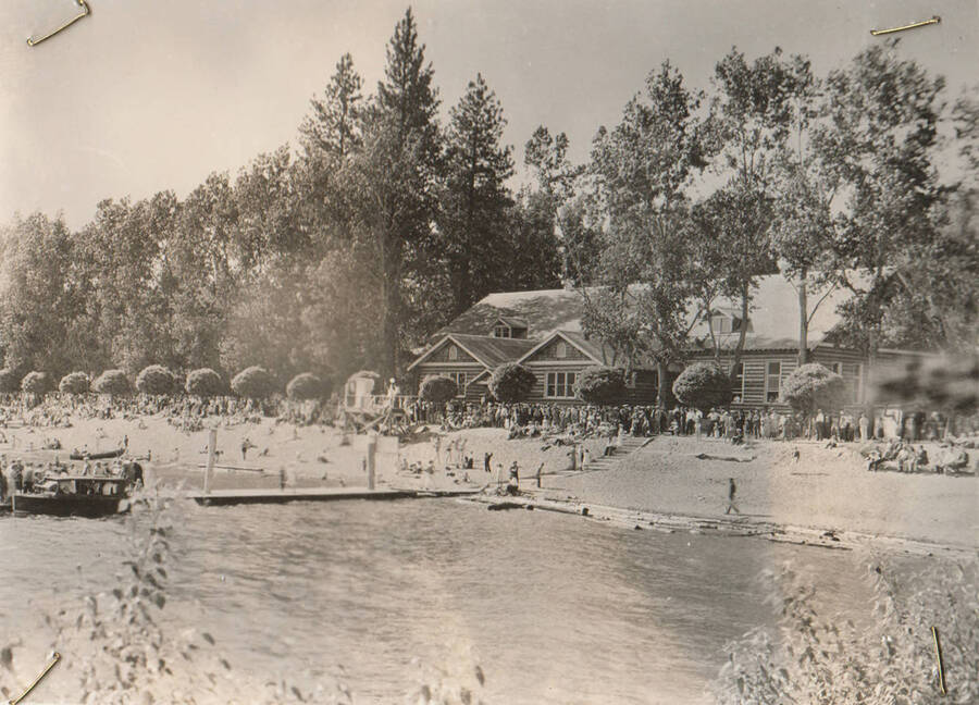 Photo text: 'Recreation Center and auditorium constructed by the WPA on lake Coeur d'Alene, Idaho. The lake is a centrally located municipal park, and the auditorium completes a community project of importance to this entire area.' Note: This image is part of a Work Progress Administration publicity series.