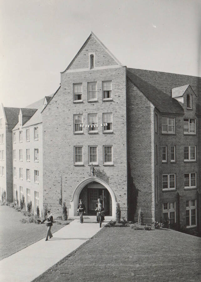Carol R. Brink Hall, a men's dormitory at the time of this photo, was constructed as a WPA project. Note: This image is part of a Work Progress Administration publicity series.