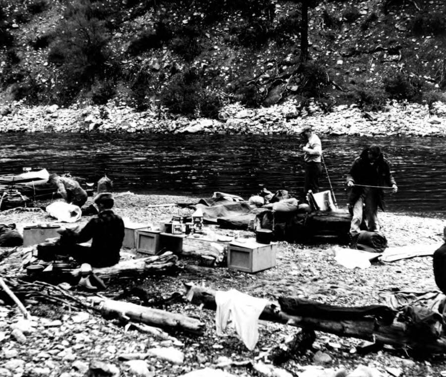 Photo text: 'Float-boat camp on Middle Fork of Salmon River.'