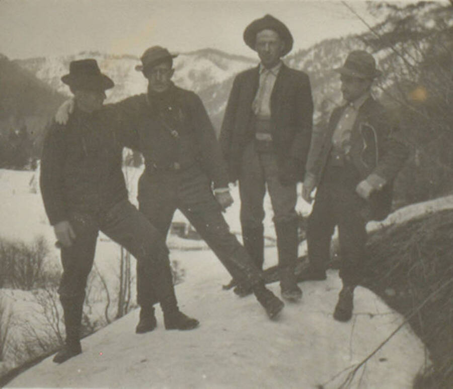 Photo text: 'Girard?, Dahlgren, Jacroux, Morris.' This image is part of a pictorial narrative by William W. Morris titled 'Experiences on a National Forest'.