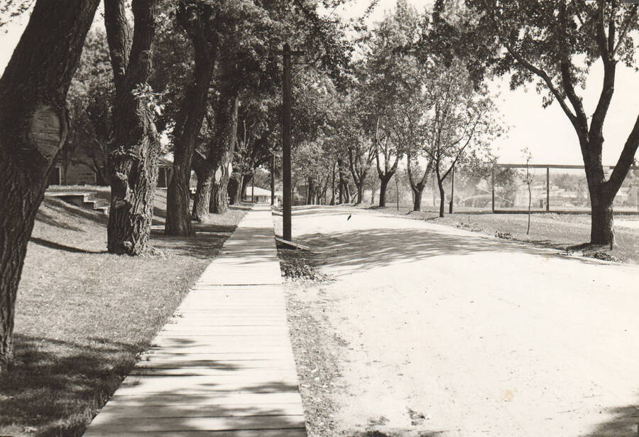 Park and sidewalk around the Veteran's Hospital in Boise. Note: This image is part of a Work Progress Administration publicity series.