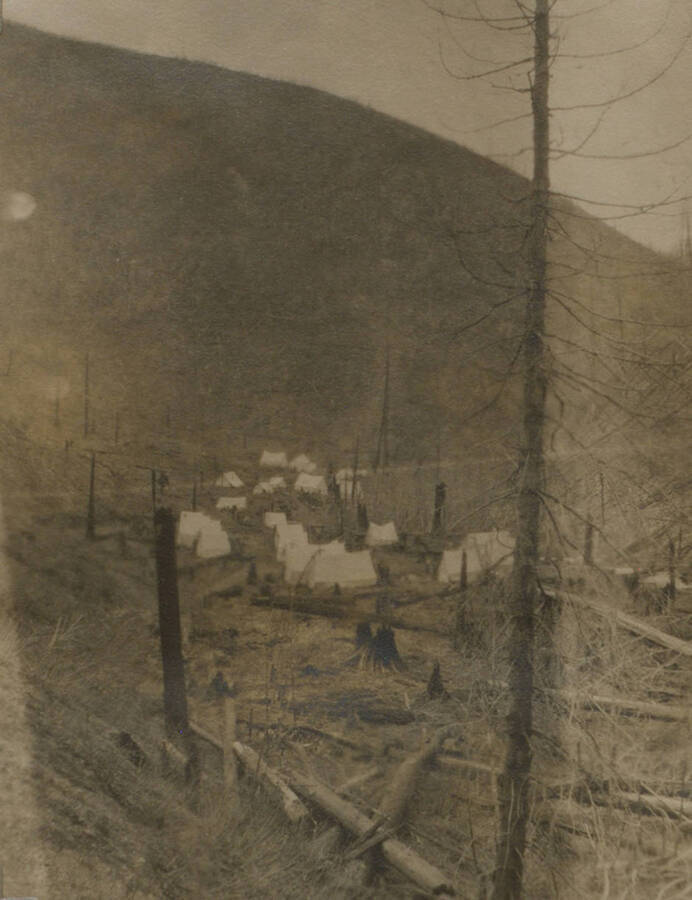 Photo text: 'Planting camp on Placer Creek near Wallace, Spring 1913. Almost 100 men were on this work.' This image is part of a pictorial narrative by William W. Morris titled 'Experiences on a National Forest'.