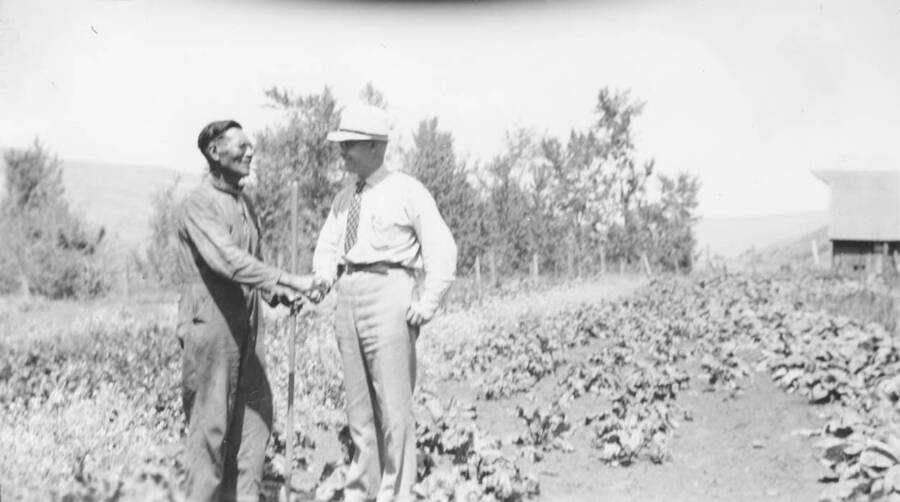 Photo caption: 'The Extension Agent greet Farm Chapter President Stephen Reuben in his garden.' This image is part of a report regarding farm organizations among tribes in Northern Idaho and the CCC-Indian Division.