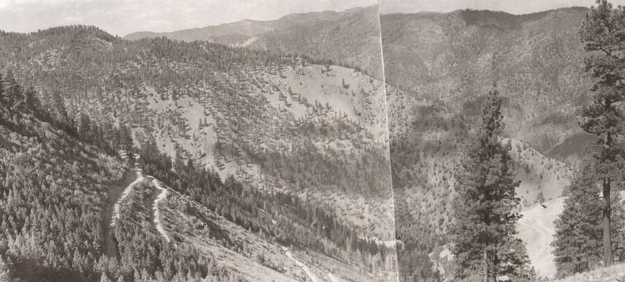 Photo text: 'View from top of Salmon River. -- showing Burgdorf Grade. Ranch at lower right hand corner is about half way down the Burgdorf Grade. French Creek Hill in the center. El approx. 4000 plus. Sept. 9, 1939.' This image is part of a Rivers and Harbors series.