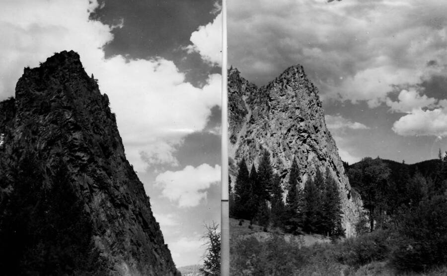 Two photographs of Suicide Rock near Monumental Creek in the Salmon-Challis National Forest.