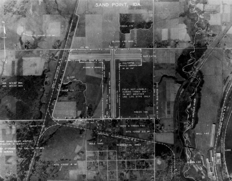 Aerial image and survey of Sandpoint Airport site in Sandpoint, Idaho. The current airport is still on this site.