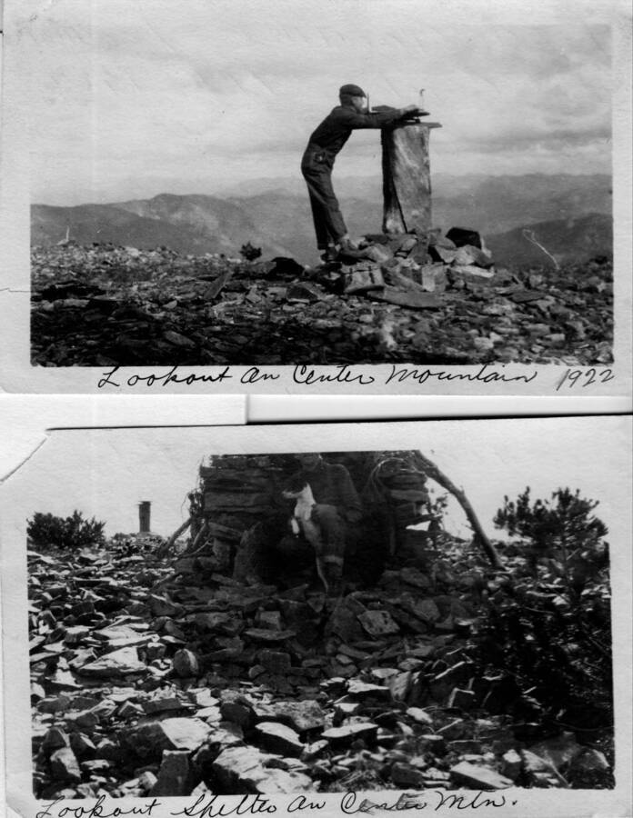 Photo text: 'Lookout shelter and Fred Gardner, lookout, on Center Mountain. Fire finder in distance. (Also view of Center Mountain.'