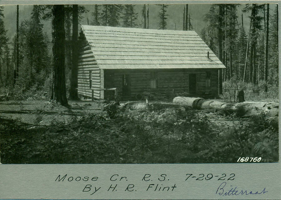 The Moose Creek Ranger Station, Bitterroot National Forest. Photograph taken 07-29-1922 by H. R. Flint