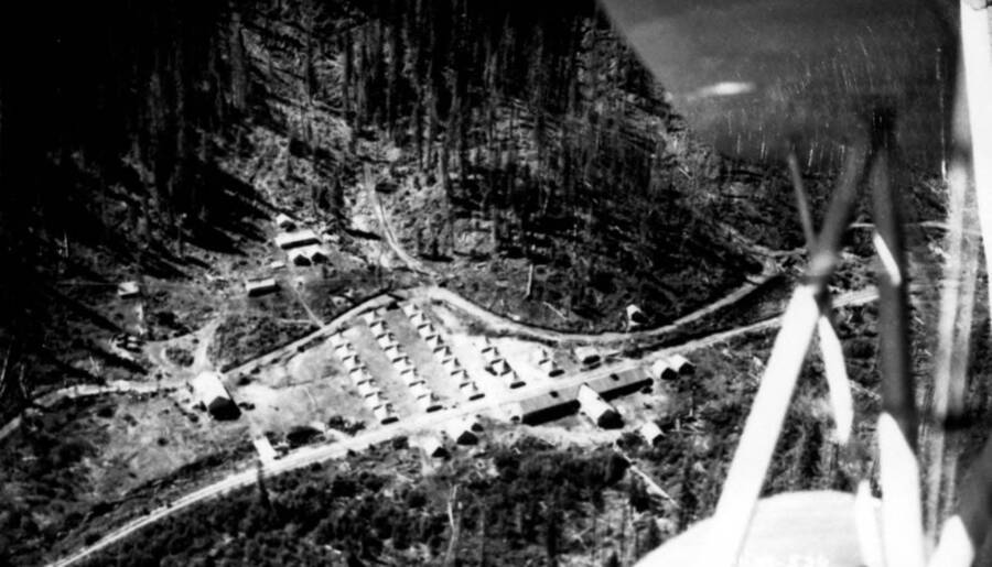 An aerial view of the F-147 Civilian Conservation Corps Camp in the Clearwater National Forest.