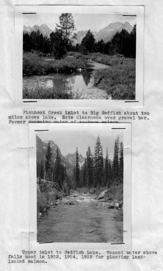 Photo text: Top 'Fishhook Creek inlet to Big Red Fish about two miles above lake. Note clearness of over gravel bar. Former spawning water of sockeye salmon.' Bottom 'Upper inlet to Red Fish Lake. Vacant water above falls used in 1923, 1924, 1925 for planting landlocked salmon.' This image is part of a report by the United States Department of Agriculture Biological Survey and the Wildlife Management Division.