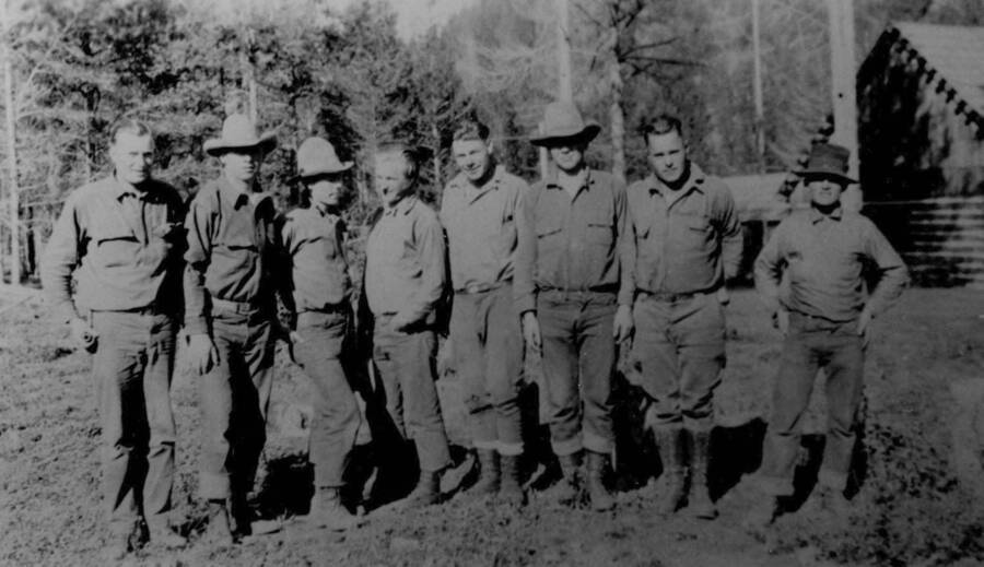 Photo text: '1930's period photo of USDA Forest Service employees at Big Creek. From Peter Preston Aug. 1994.'