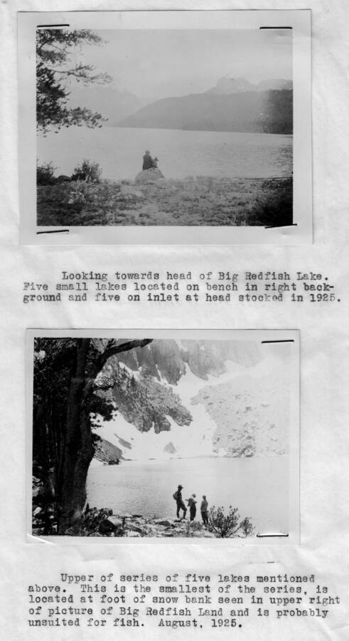 Photo text: 'Upper series of five lakes mentioned above [in report]. This is the smallest of the series, is located at the foot of snow bank seen in upper right of picture of Big Red Fish Land and is probably unsuited for fish. August, 1925.' This image is part of a report by the United States Department of Agriculture Biological Survey and the Wildlife Management Division.