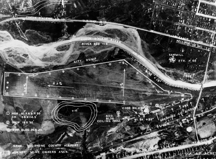 Aerial image and survey of Shoshone County Airport in Kellogg, Idaho. Includes survey makings and measures.