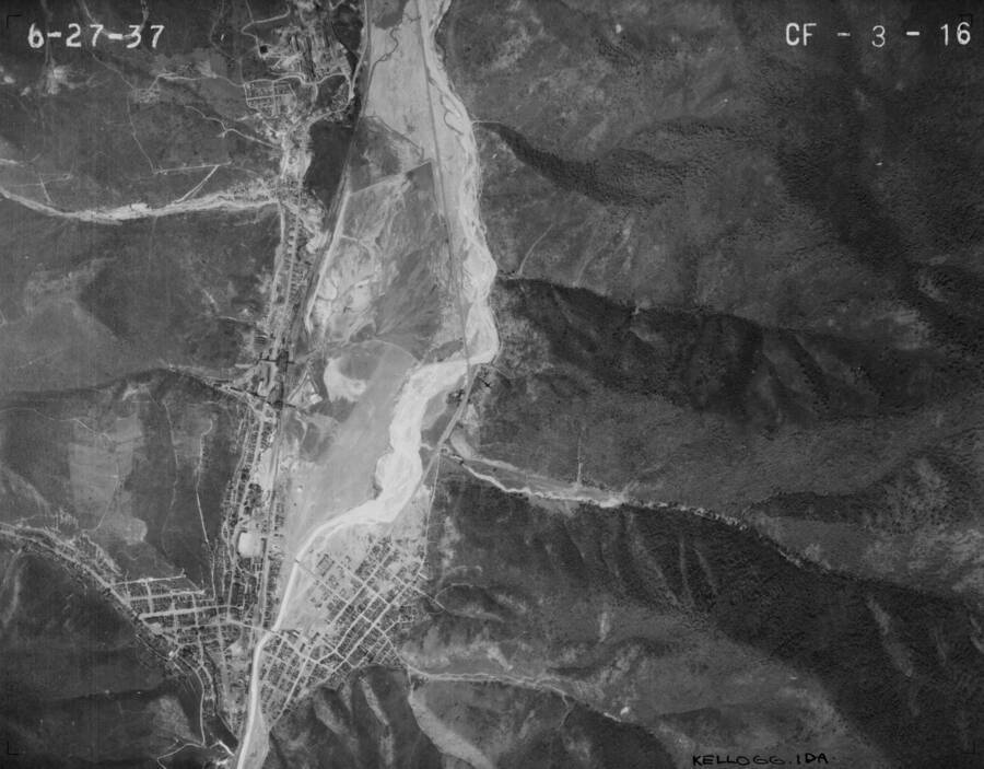 Vertical aerial images of Kellogg, Idaho and Coeur d'Alene River (2 of 3).