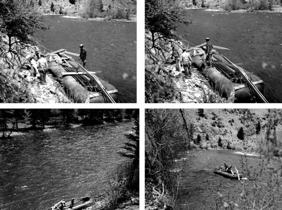 Loading raft with Camas Creek bridge material near Thomas Creek
