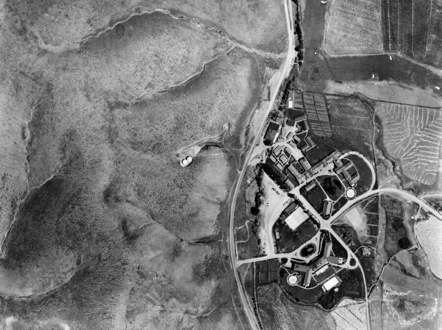 A vertical aerial image of the Sun Valley Lodge.  The resort was closed in 1942 and converted to a convalescent hospital for the U.S. Navy (Pacific Theater)