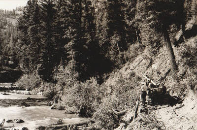 Photo text: 'Camp and construction scenes of Boise King U.S. Forest Service-WPA project to build forest road from Arrowrock Dam to Atlanta in Elmore County.' Note: This image is part of a Work Progress Administration publicity series.