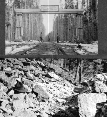 Photo text: 'On West Fork Trail. Showing poor construction thru rock slide. This trail is dug down instead of being built up and as a consequence is always full of loose stones.' This image is part of a series recording trail work and outdoor education in the Bitterroot National Forest.