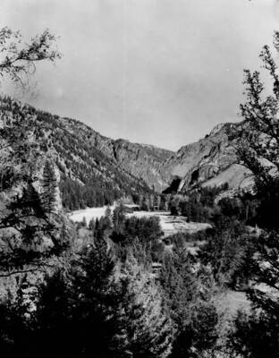 A wide view of the landscape around Falconberry Ranch near Loon Creek. This is the  entrance to the Idaho Primitive Area in the Salmon-Challis National Forest.