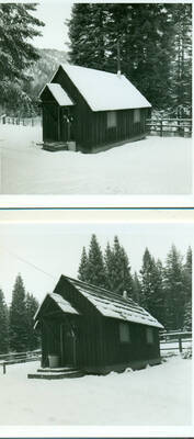 Two photographs of the bunk houses at the Moose Creek Ranger Station, Bitterroot National Forest.
