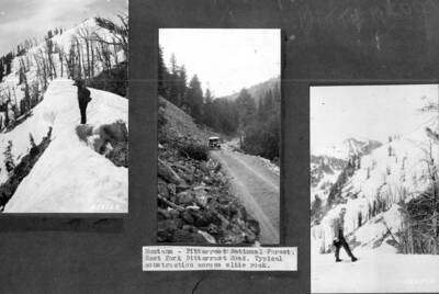 Photo text: 'Montana - Bitterroot National Forest. Easter Fork Bitterroot Road. Typical construction across slide rock.' Men standing in snow. A Model T or A vehicle on a cliff side road. This image is part of a series recording trail work and outdoor education in the Bitterroot National Forest.