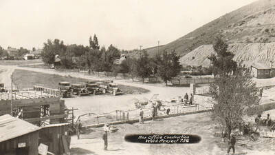 Construction of the box office for the Stadium at the University of Idaho - Southern branch now the Quad at Idaho State University. Note: This image is part of a Work Progress Administration publicity series.