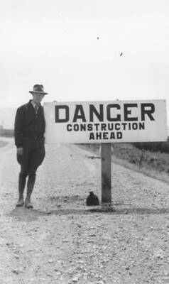 Safety sign painted by Enrollee Karabelnikoff.' Note: This image is part of a report by V.W. Balderson to Director of Indian Affairs, D.E. Murphy on CCC-Indian Division Projects completed by the Fort Hall Agency, Fort Hall, Idaho.