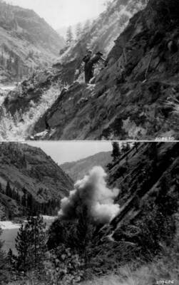 Two photographs of the Civilian Conservation Corps blasting and road construction on Salmon River above French Creek in the Salmon-Challis National Forest.