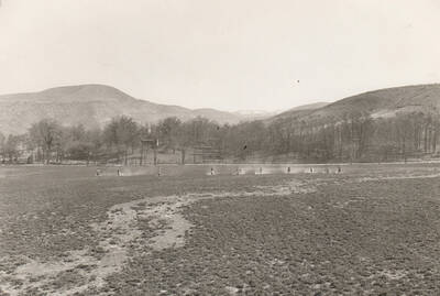 A line of men insecticide dust for Mormon Crickets in Ada County field. Note: This image is part of a Work Progress Administration publicity series.