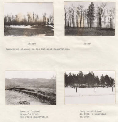 Before and after photos of Kalispel Reservation cleanup. Note: This image is part of a narrative pictoral report to accompany quarterly enrollee program report.