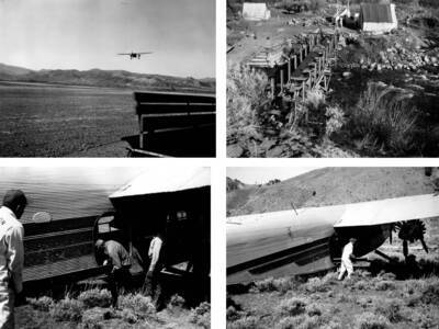 Unloading plane with Camas Creek bridge at Thomas Creek Field