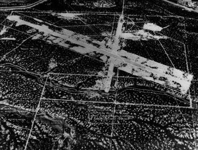 Aerial image and survey of first Boise Airport near Boise River, the current site of Boise State University