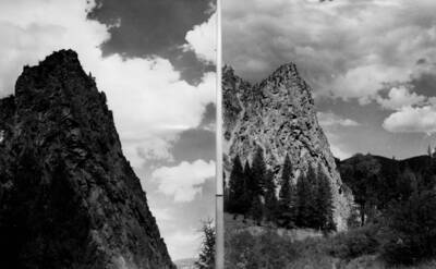 Two photographs of Suicide Rock near Monumental Creek in the Salmon-Challis National Forest.