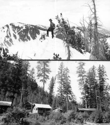 Photo 1 text: 'Summit on West Fork Nez Perce Creek on Montana-Idaho State line. Near pass of new trail to White Cap.' Photo 2 text: 'Montana - Bitterroot National Forest. Summer homes, Medicine Hot Springs.' This image is part of a series recording trail work and outdoor education in the Bitterroot National Forest.