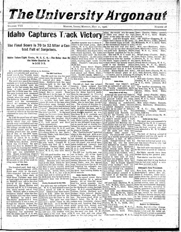 Class of 1904. Obituary (pg 4, c3) | Debate (pg 2, c2) | Faculty. Department of Military Science. University of Idaho (pg 2, c2) | University of Idaho vs. University of Washington (pg 2, c1) | University of Idaho vs. Washington State College (pg 1, c1)