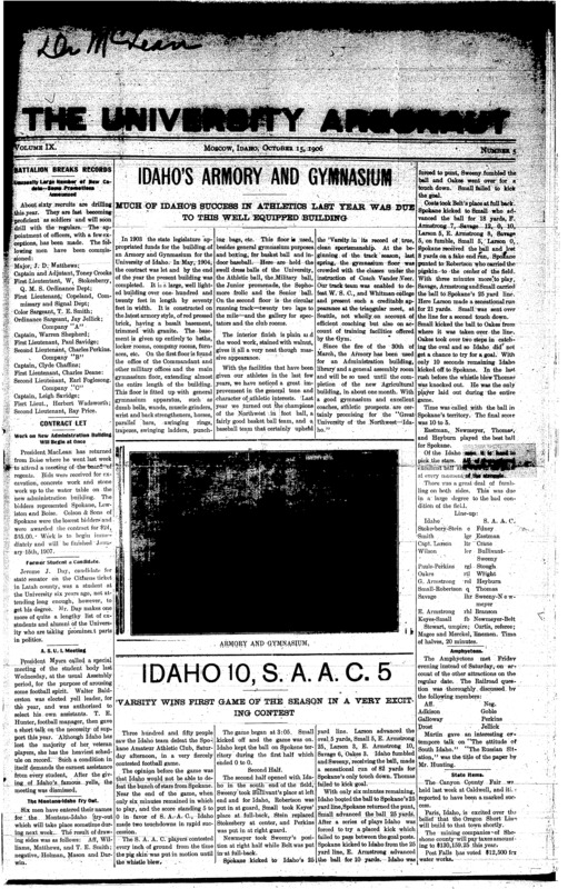 Administration building (1907- (pg 1, c1) | Armory building (pg 1, c2) | Contract-Building progress (pg 1, c1) | Officers (pg 1, c1) | Simpson, C.B. (pg 2, c2) | University of Idaho vs. Spokane Amateur Athletic Club (pg 1, c2) | University of Idaho vs. University of Oregon (pg 4, c1)