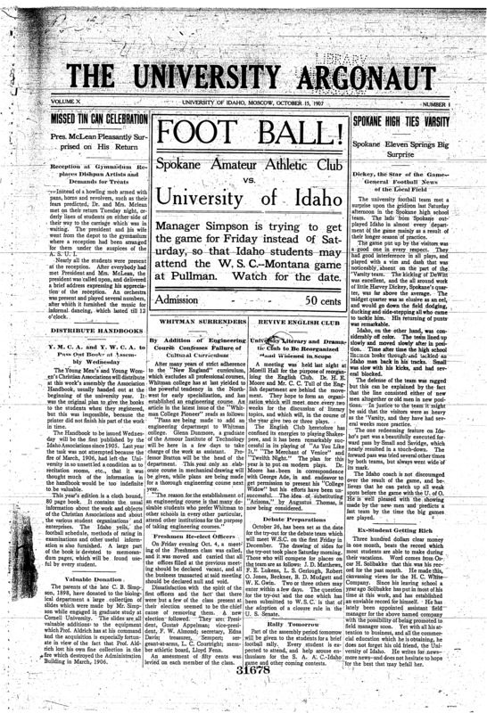 Class of 1906 (pg 1, c2) | Class of 1911 (pg 3, c2) | Classical club (pg 3, c2) | Debate council - Officers (pg 4, c2) | English club - University of Idaho (pg 1, c3) | Gifts to University of Idaho (pg 1, c1) | MacLean, James Alexander (pg 1, c1) | Slides donation (pg 1, c1) | The Idaho Argonaut (pg 2, c2) | University of Idaho vs. Spokane High School (pg 1, c4)