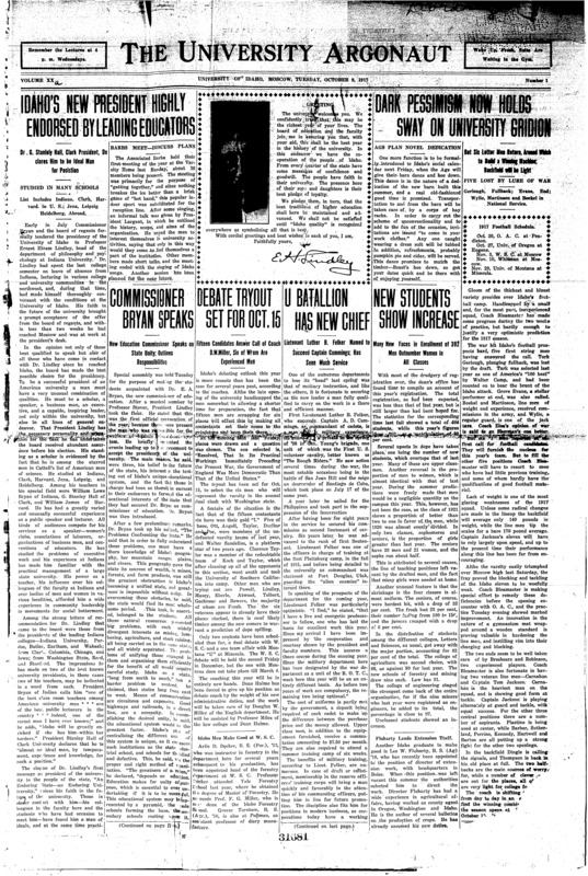 Debate (pg 1, c3) | Enrollment - University of Idaho (pg 1, c5) | Felker, Luther B. (pg 1, c4) | Football (pg 1, c6) | President, U of I 1917-1920. Photo (pg 1, c1) | Rushing week - rules (pg 5, c1)