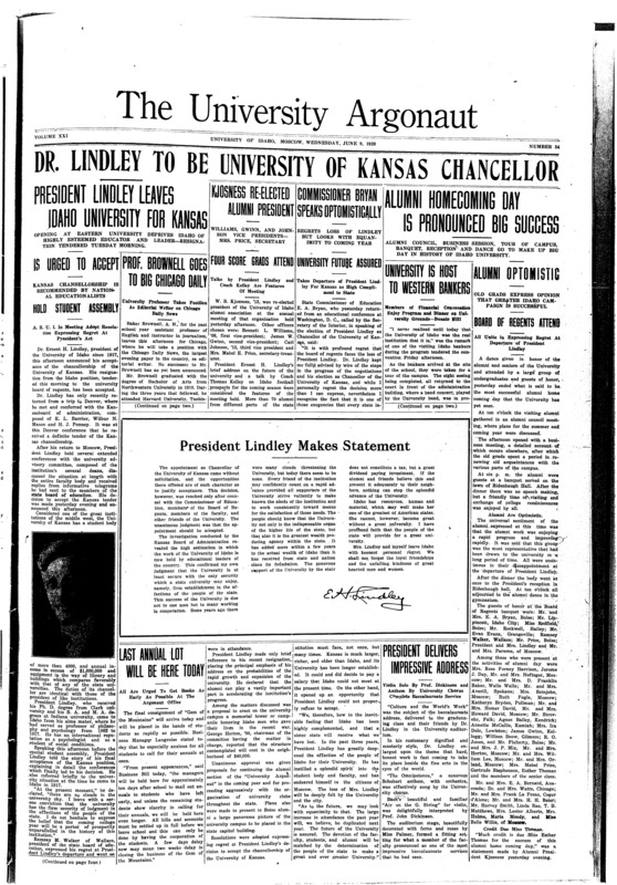 Homecoming (pg 1, c6) | President, U of I 1917-1920. Photo (pg 1, c1) | Varsity team vs. Washington State College (pg 4, c1)