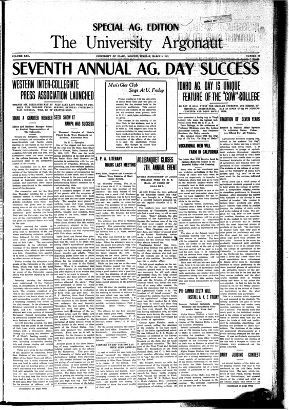 Ag Day (pg 1, c4) | Debate - U of I vs. British Columbia (pg 6, c4) | Livestock judging - Butter, Apple, grains (pg 4, c2) | S P A Literary society (pg 1, c3) | Western Inter-Collegiate Press Association (pg 1, c1)
