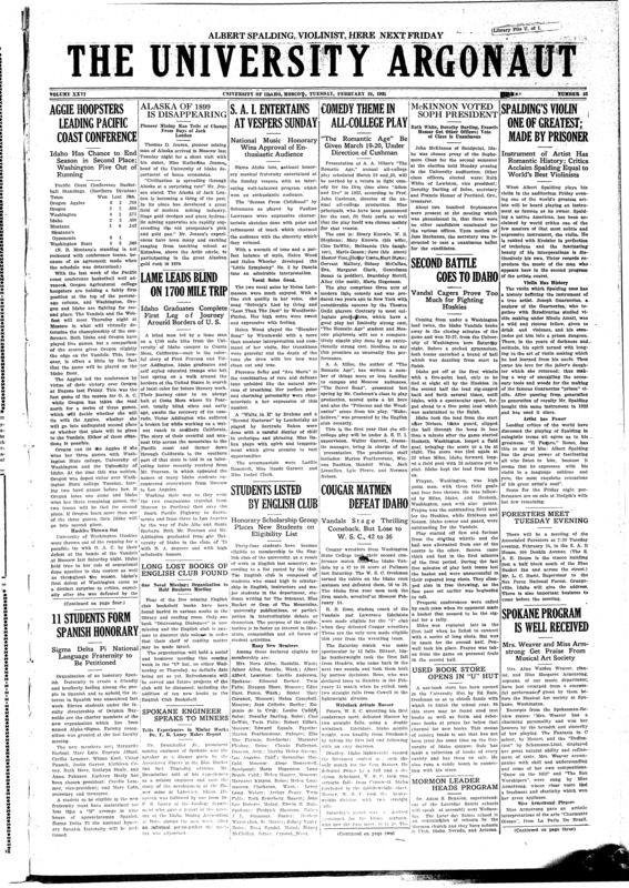 Class of 1927 (pg 1, c5) | Finance controversy, university of Idaho (pg 3, c2) | S.A.I. (pg 1, c3) | Separation from university (pg 2, c2) | Sigma Delta Pi (pg 1, c1) | University of Idaho vs. Washington State College (pg 1, c4) | Varsity team vs. University of Washington (pg 1, c5)