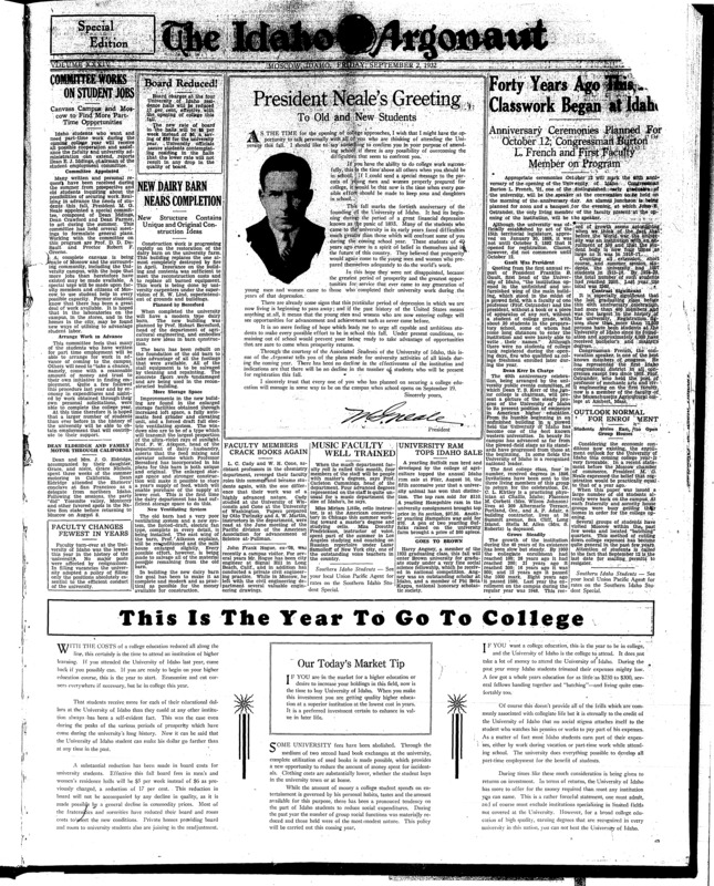 Dairy Barns (pg 1, c1) | Faculty, Dean of faculty, University of Idaho. Photo (pg 3, c1) | Photo (pg 3, c2) | Photo (pg 5, c4) | Photo (pg 6, c2) | President - University of Idaho, 1930-1937. Photo (pg 1, c3) | University of Idaho - History (pg 1, c6) | University of Idaho - History (pg 3, c1)