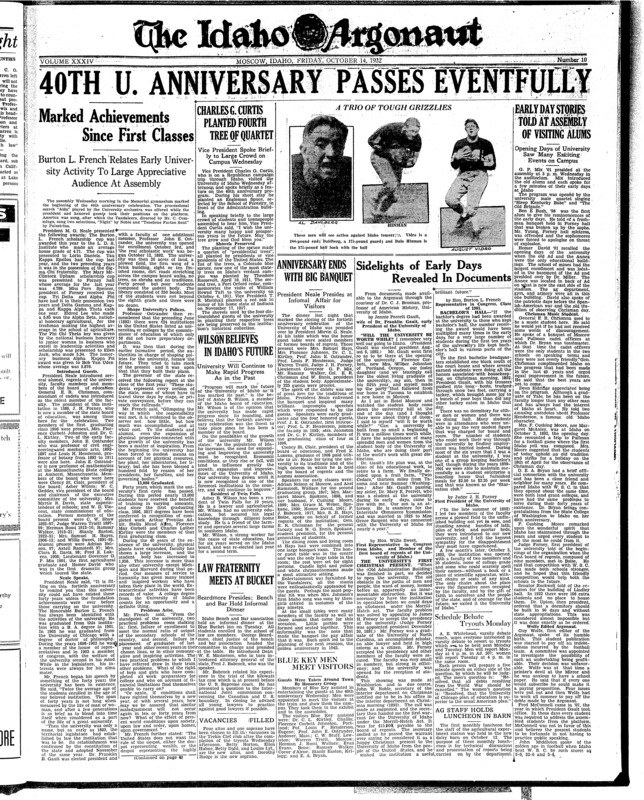 40th U. Anniversary passes eventually: Marked achievements since first classes, Burton L.French relates early university activity to large appreciative audience at assembly; President Neale announces award for scholarship: Forney Halland LDS institute have highest averages (p2);